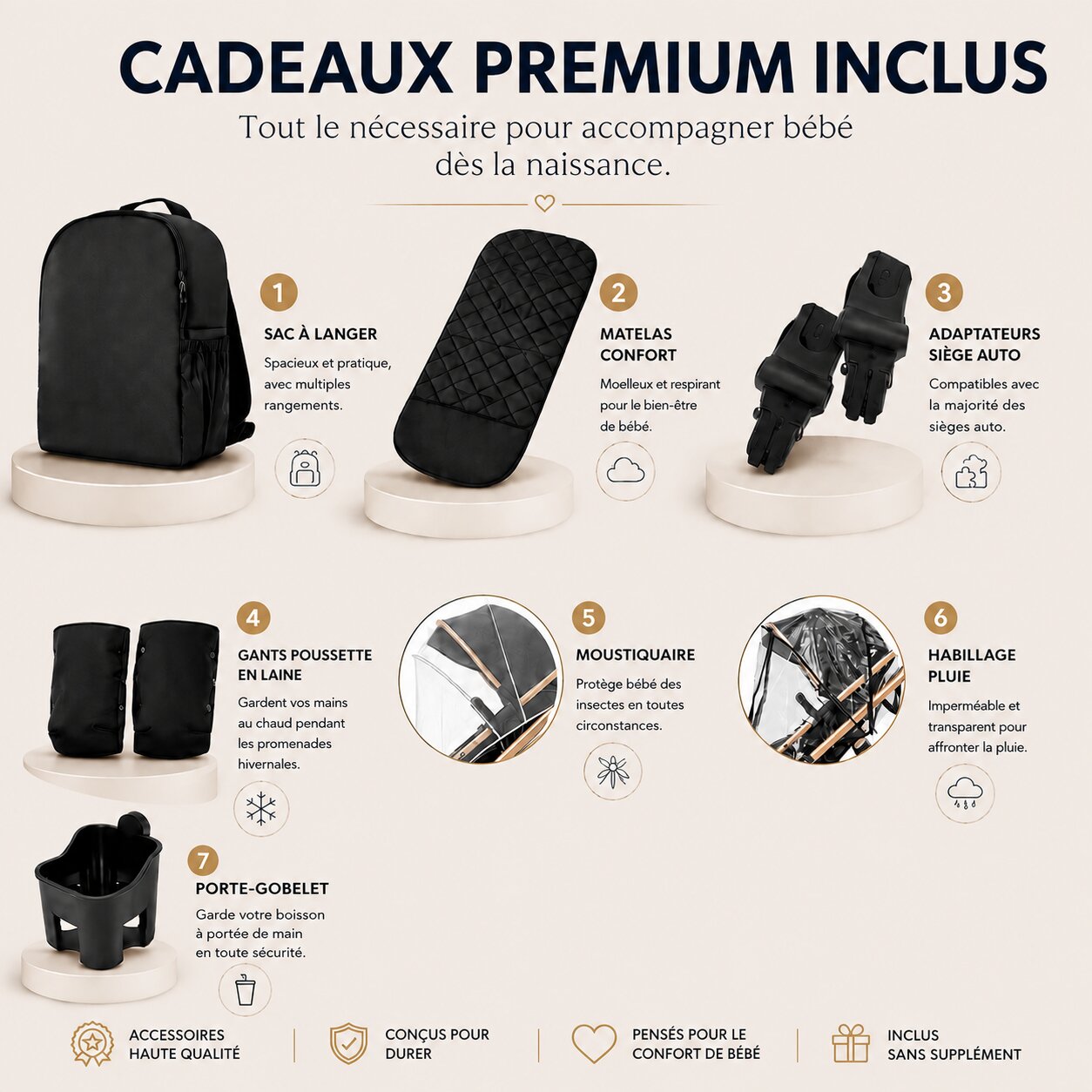 7 cadeaux premium inclus avec la poussette 3 en 1 : sac à langer, matelas, adaptateurs, gants, moustiquaire, habillage pluie, porte-gobelet - Choupinoo