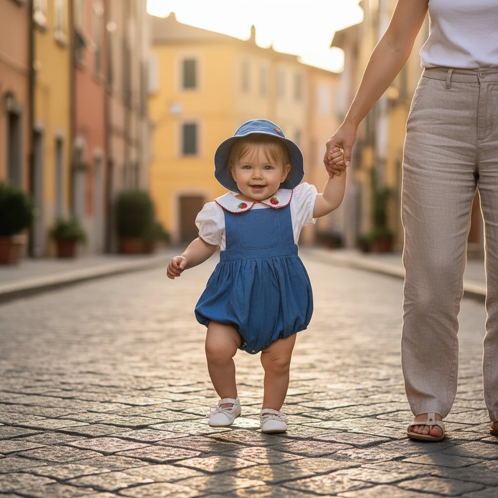 Bebe fille qui marche en tenant la main de maman en ensemble coton bleu motif fraise rue italienne - Choupinoo