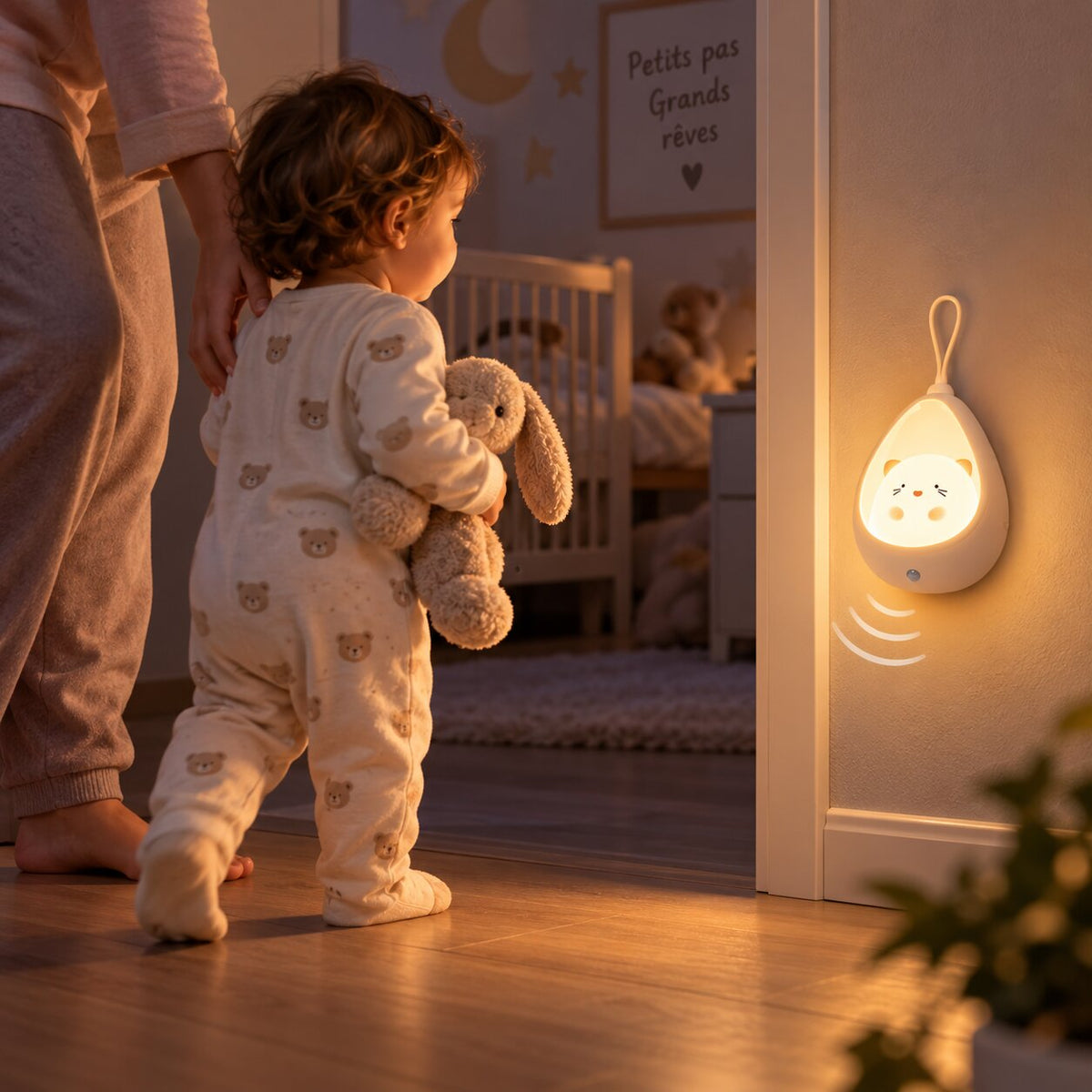 Enfant se dirigeant avec son parent vers une lampe de chevet LED avec détecteur de mouvement Choupinoo