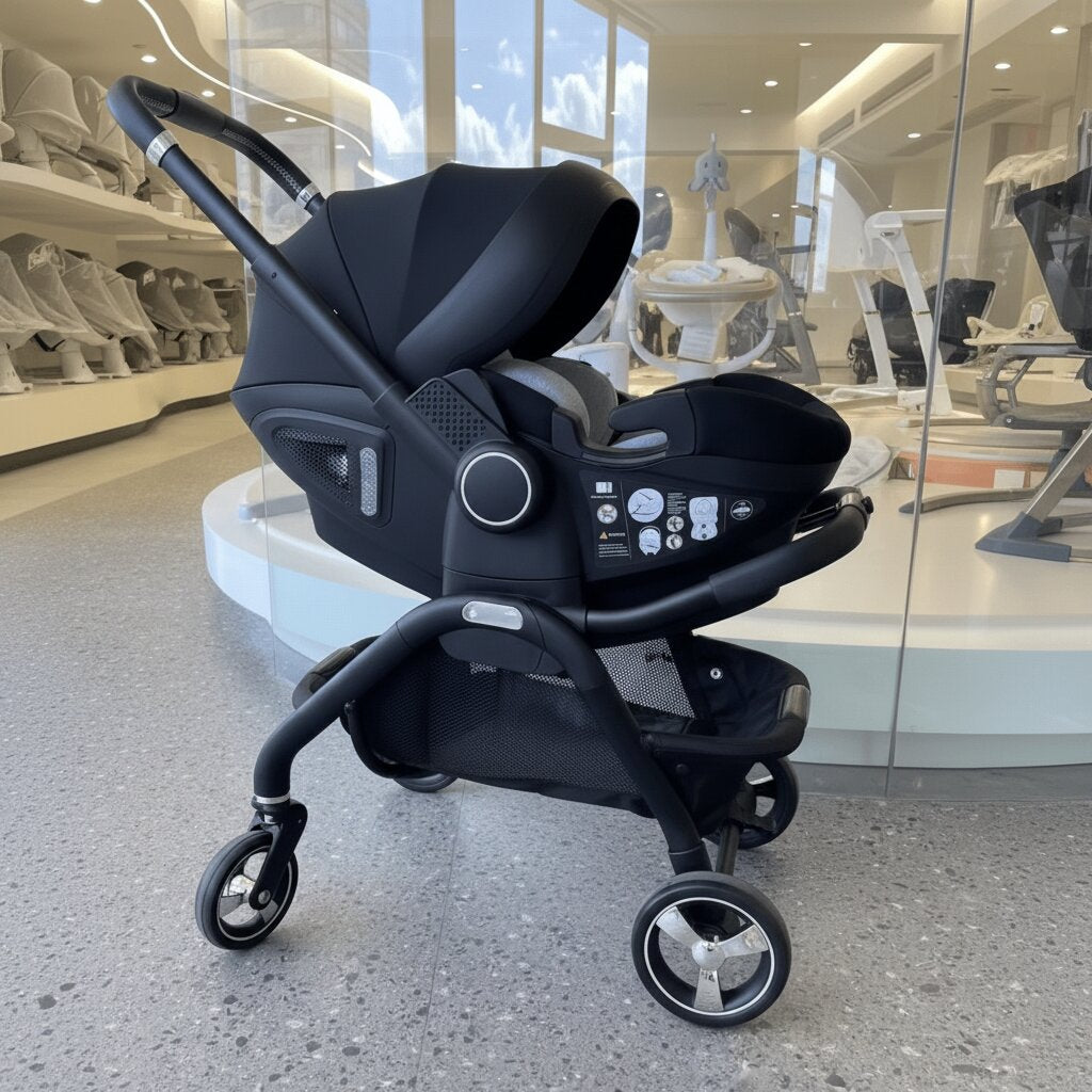Poussette bébé 3 en 1 noire vue de côté avec siège auto et canopy – système travel system compact