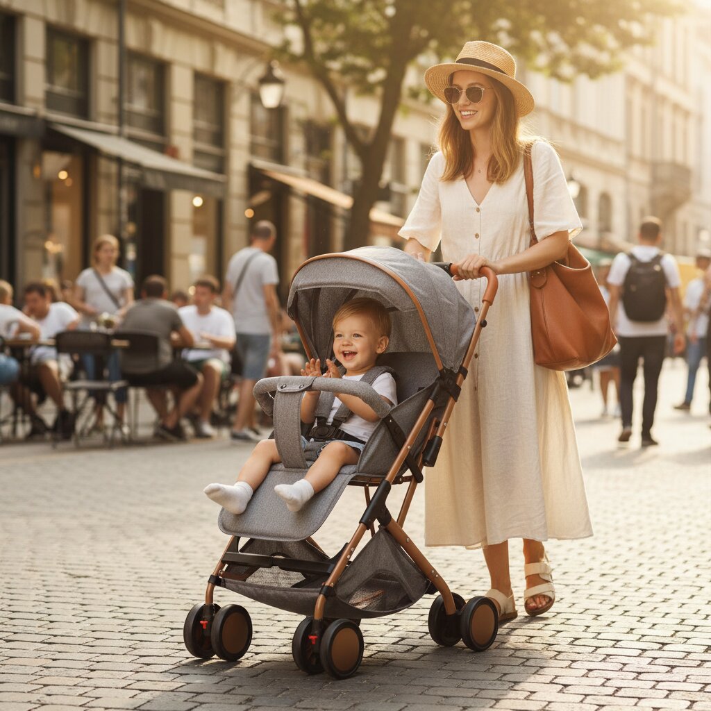 Maman élégante promenant bébé en poussette légère vacances dans rue animée - Choupinoo