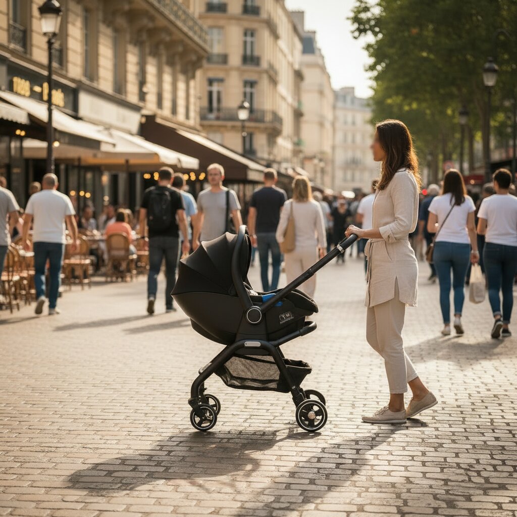 Maman avec une poussette bébé 3 en 1 noire siège auto intégré, centre-ville français ensoleillé, passants en arrière-plan - Choupinoo