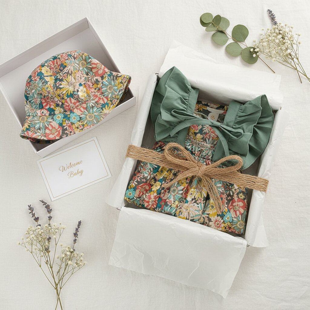 Robe bébé fille verte fleurie volants chapeau bob - coffret cadeau naissance présentation boßte