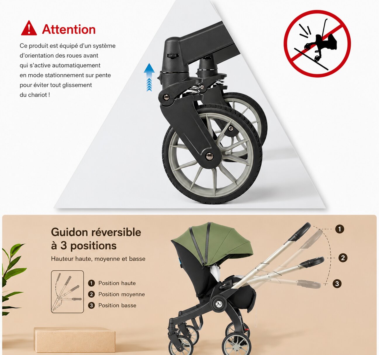 Système d'orientation automatique des roues avant anti-glissement sur pente, poussette 4 en 1 modèle S366 - Choupinoo