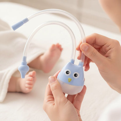 Gros plan des mains d'une maman tenant un aspirateur nasal bébé hibou bleu pastel, pieds de bébé visibles en arrière-plan