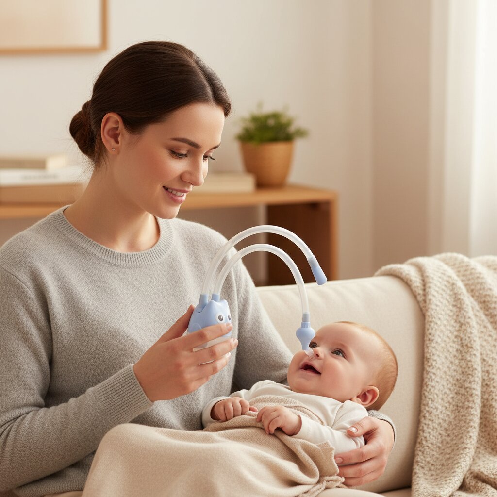 Maman tenant un aspirateur nasal bébé en forme de hibou bleu pastel, assise sur un canapé avec son bébé sur les genoux