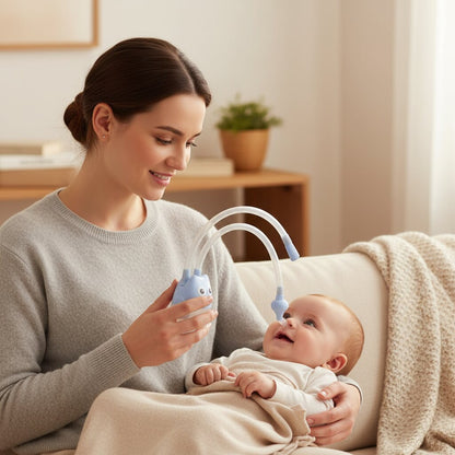 Maman tenant un aspirateur nasal bébé en forme de hibou bleu pastel, assise sur un canapé avec son bébé sur les genoux