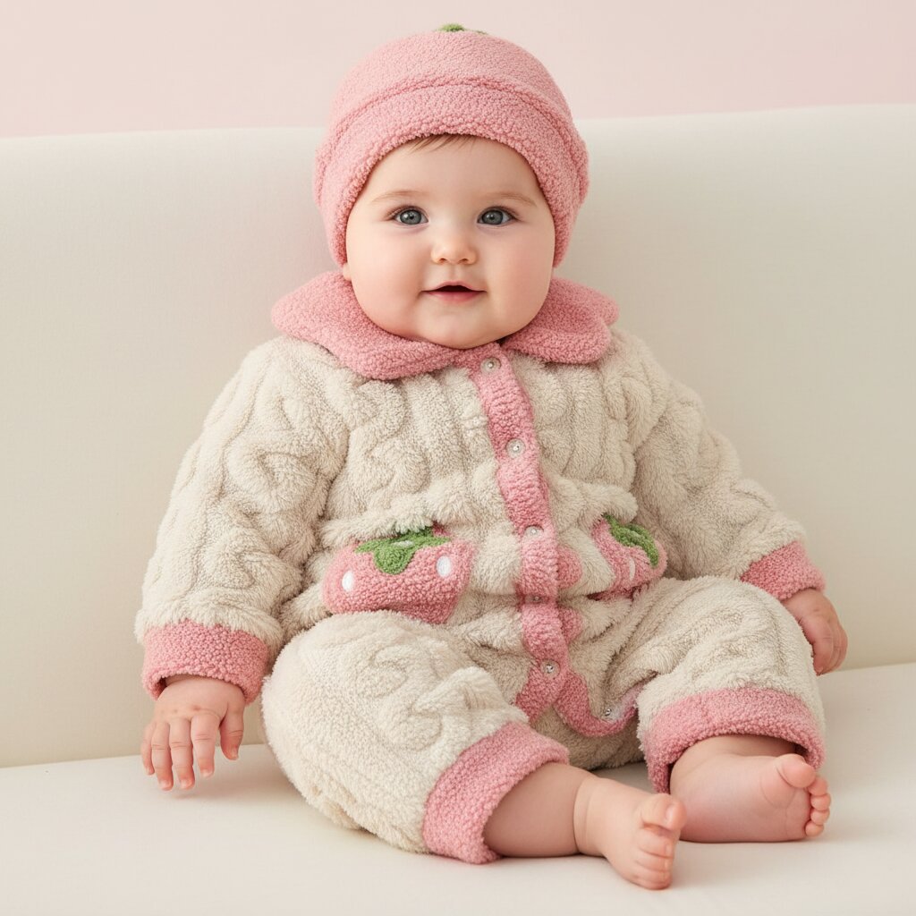 Bébé fille de 6 mois souriante dans sa barboteuse polaire fraise crème et rose avec chapeau assorti - Choupinoo