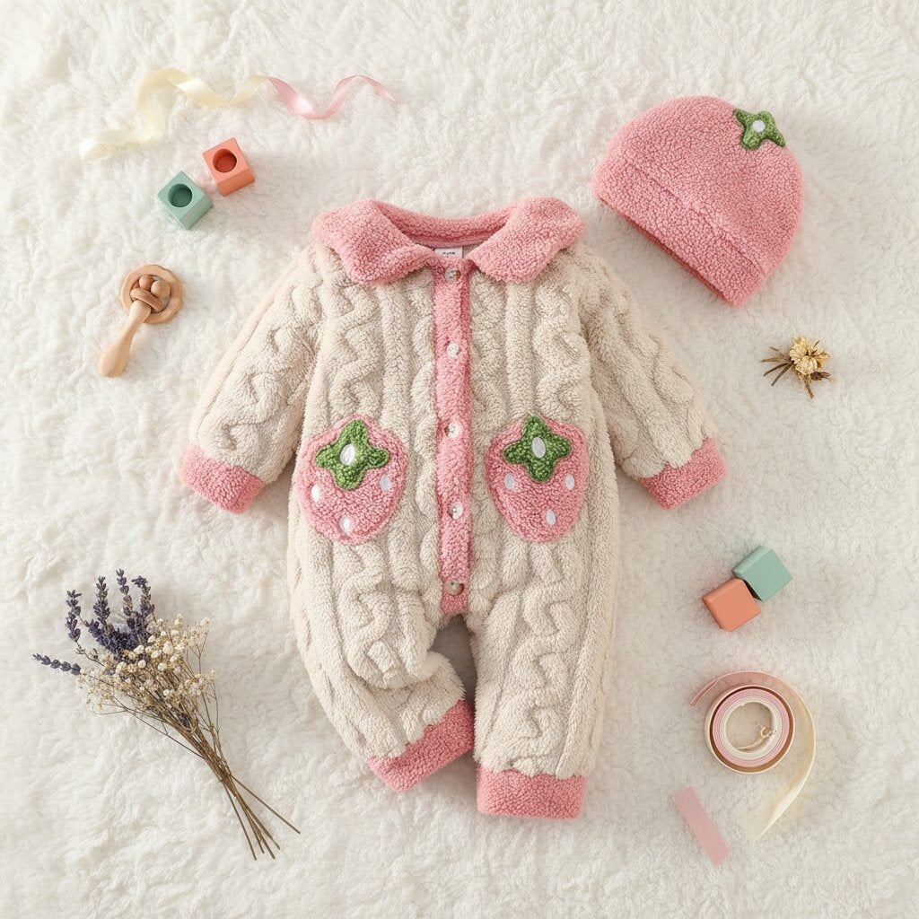 Barboteuse bébé fille polaire hiver motif fraise avec chapeau assorti, tailles 0-18 mois – Choupinoo