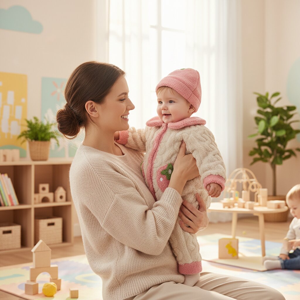 Bébé fille en barboteuse polaire fraise portée par sa maman dans une crèche lumineuse et moderne - Choupinoo