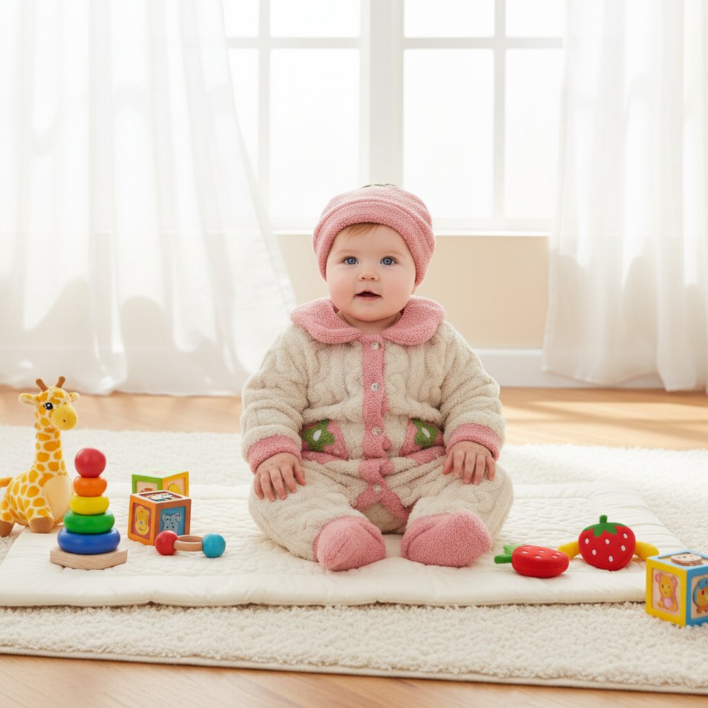 Bébé fille assise sur tapis d'éveil avec jouets, habillée d'une barboteuse polaire fraise rose et crème - Choupinoo