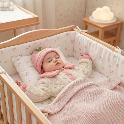 Bébé fille dans barboteuse polaire fraise crème et rose dans son lit de chambre bébé premium