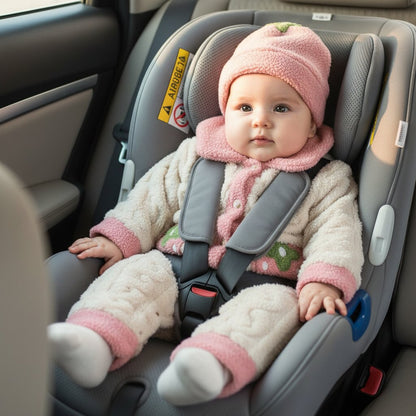Bébé fille en barboteuse polaire fraise crème et rose dans un siège auto - Choupinoo