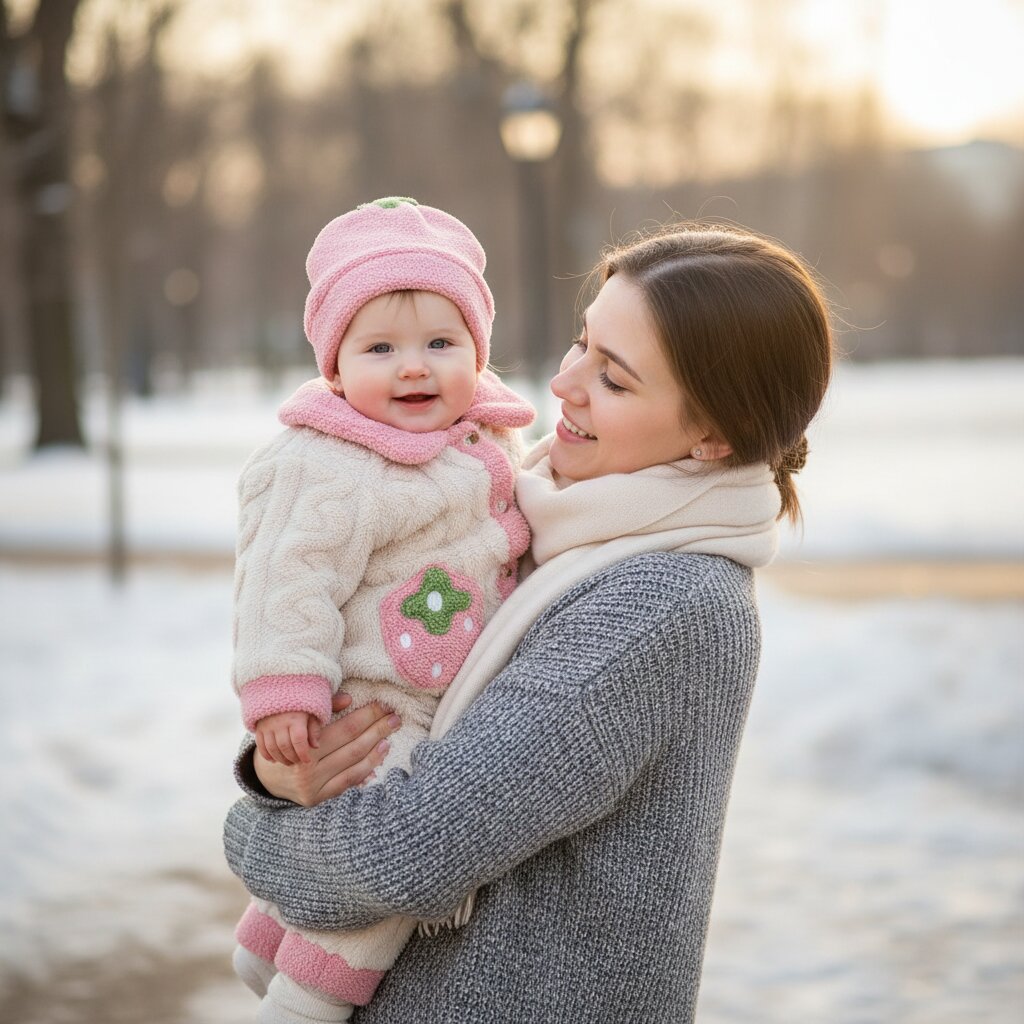 Bébé fille en barboteuse polaire fraise crème et rose portée en extérieur par sa maman en hiver - Choupinoo