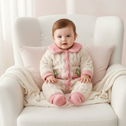 Visuel Google Ads carré – bébé fille en barboteuse polaire fraise crème et rose -Choupinoo