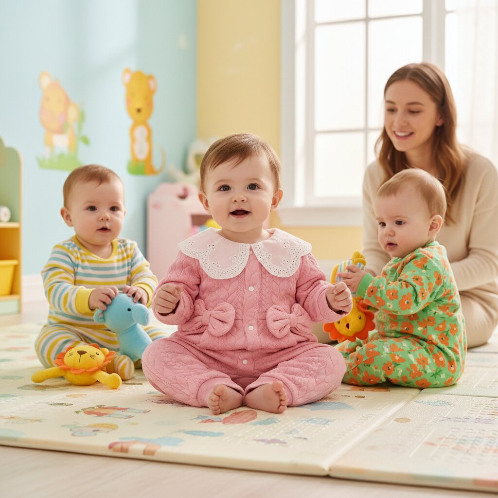 Bébé fille en barboteuse rose matelassée jouant à la crèche avec d'autres bébés – Choupinoo