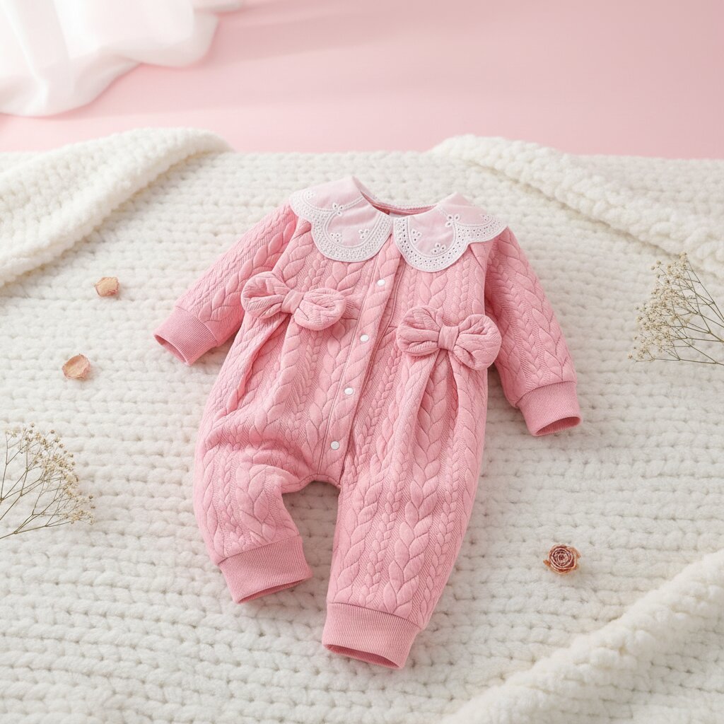 Barboteuse rose matelassée bébé fille posée dans une chambre bébé lumineuse – Choupinoo