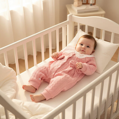 Bébé en Barboteuse bébé fille rose matelassée dans un lit bébé blanc – Choupinoo