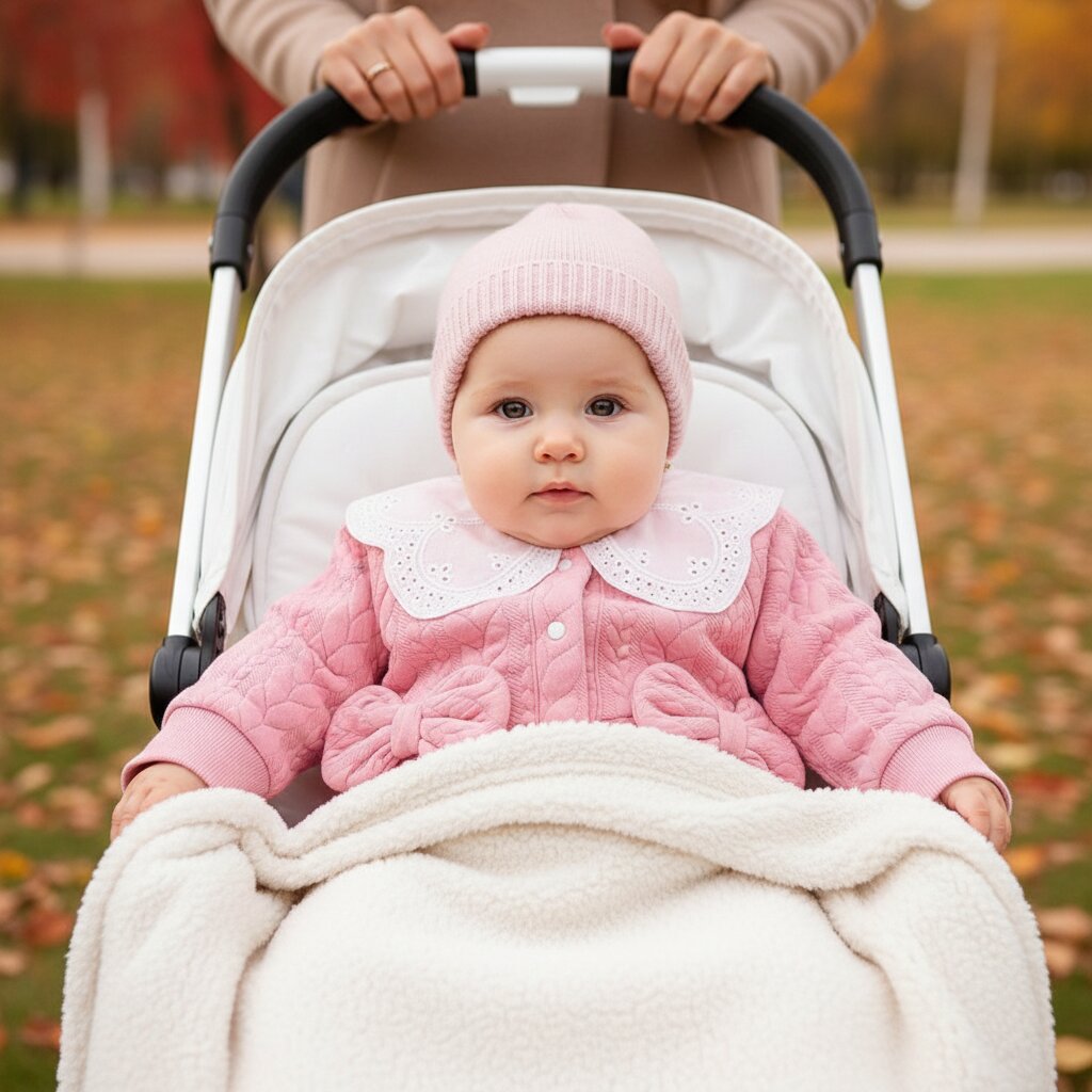  Bébé fille en barboteuse rose matelassée dans une poussette en automne – Choupinoo