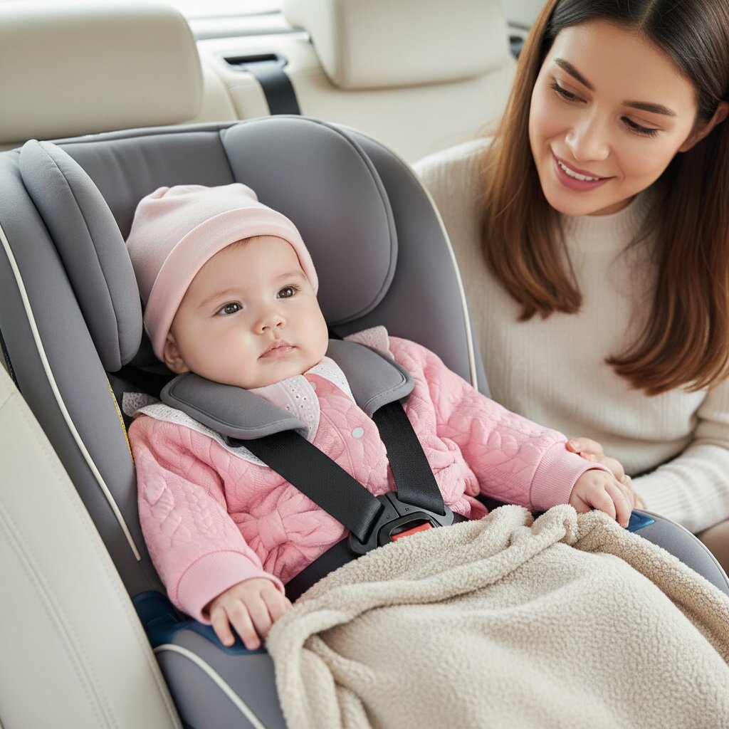 Bébé fille en barboteuse rose matelassée dans un siège auto avec sa maman – Choupinoo