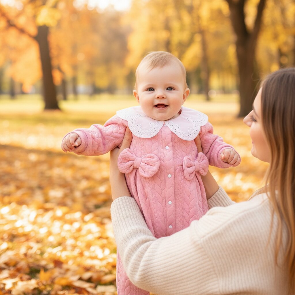 Bébé fille en barboteuse rose matelassée lors d'une sortie en parc en automne – Choupinoo