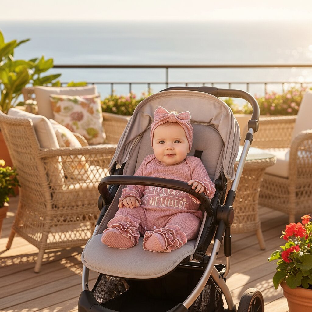 Bébé portant une barboteuse fille en poussette sur une terrasse de vacance | Choupinoo