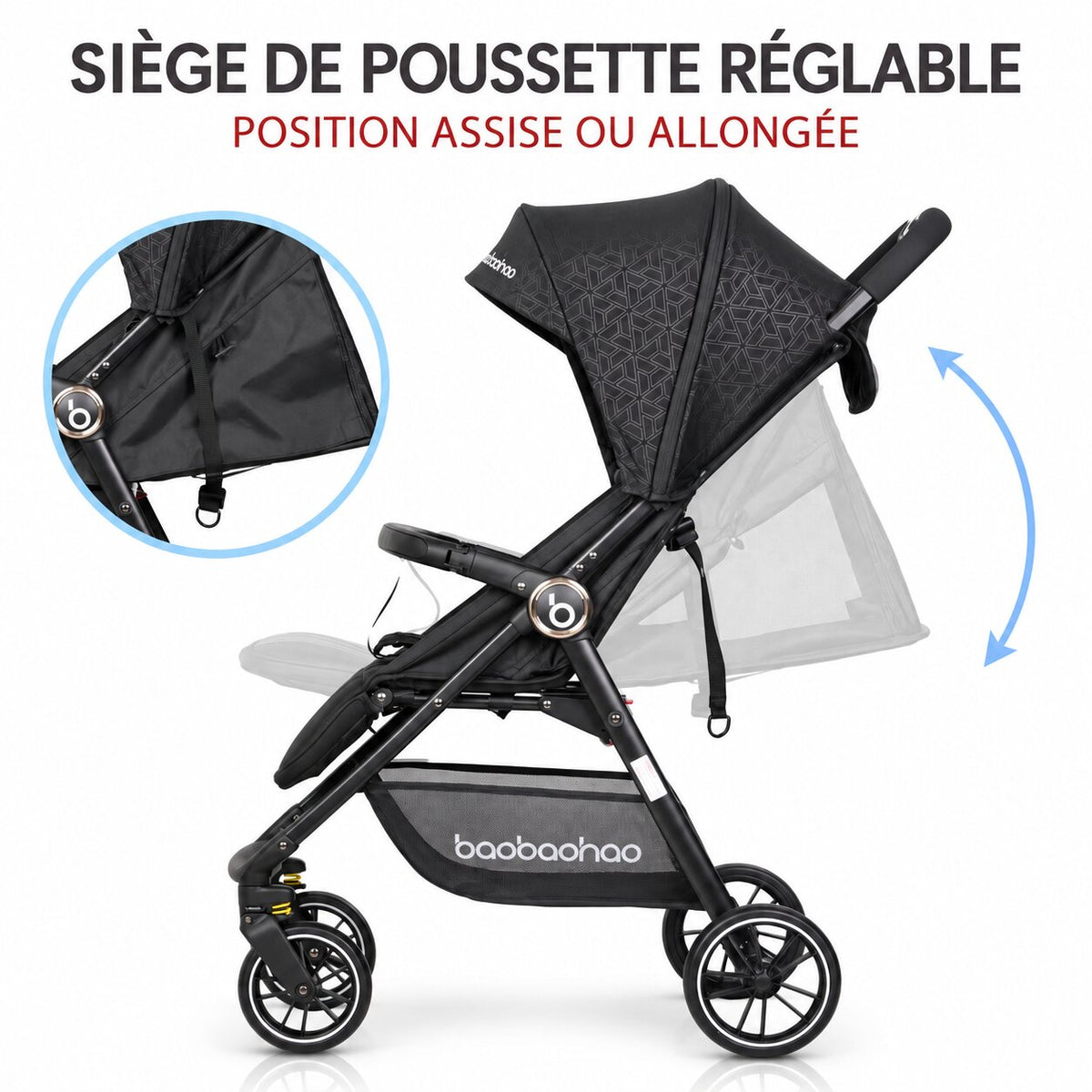 Poussette Bébé Pliable Tout Confort avec siège réglable en position assise ou allongée