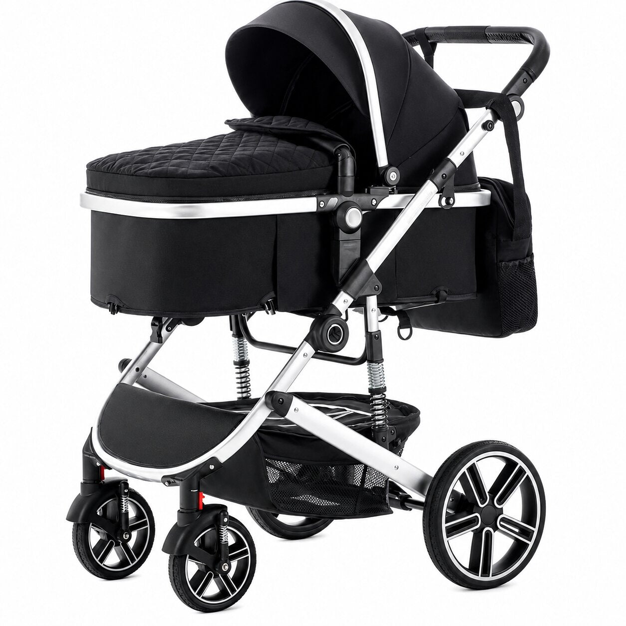 Poussette 3 en 1 avec siege auto et nacelle evolutive coloris noir, nacelle position allongee, vue profil sur fond blanc - Choupinoo