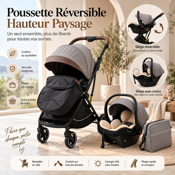 Poussette 2-en-1 Avec Siège Auto et Châssis Haute Vue
