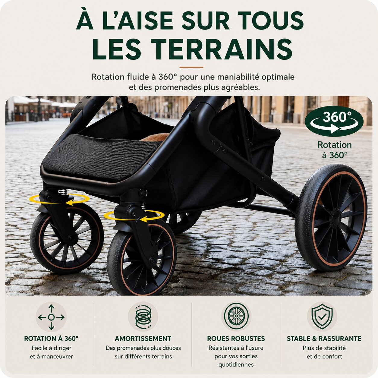 Detail de la roue avant pivotante 360 degres de la poussette bébé 2-en-1, vue rapprochee - Choupinoo