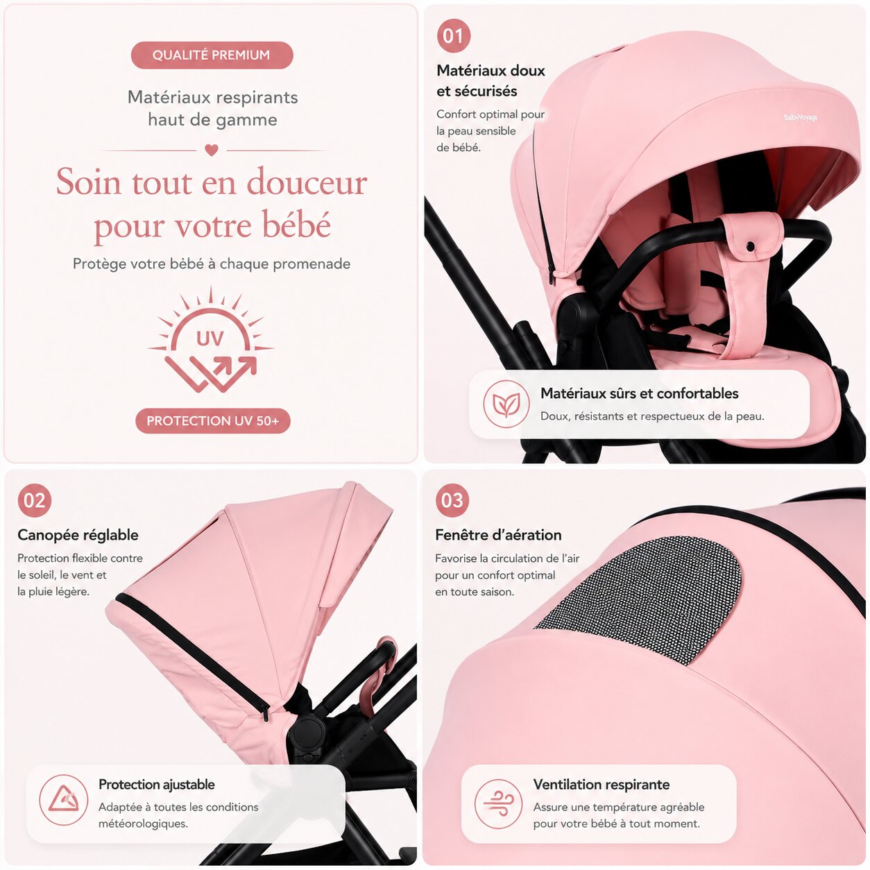 Infographie materiaux respirants canopee reglable et fenetre aeration poussette rose - Choupinoo