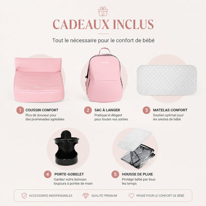 Infographie accessoires inclus poussette 2 en 1 coussin sac langer housse pluie - Choupinoo