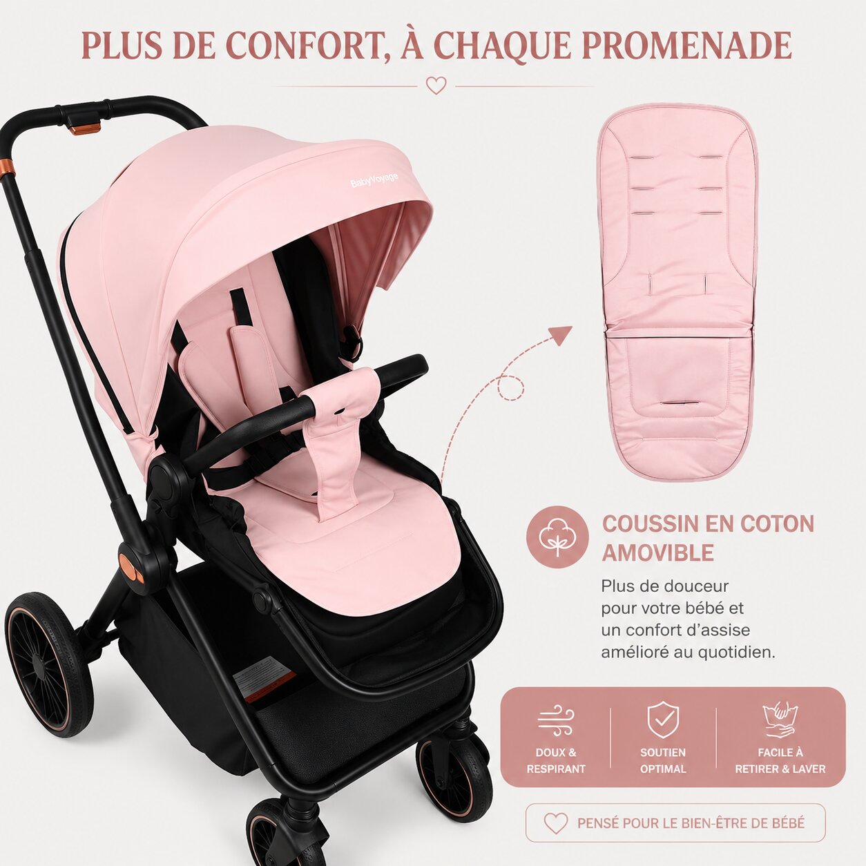 Infographie coussin coton amovible poussette 2 en 1 rose pale - Choupinoo