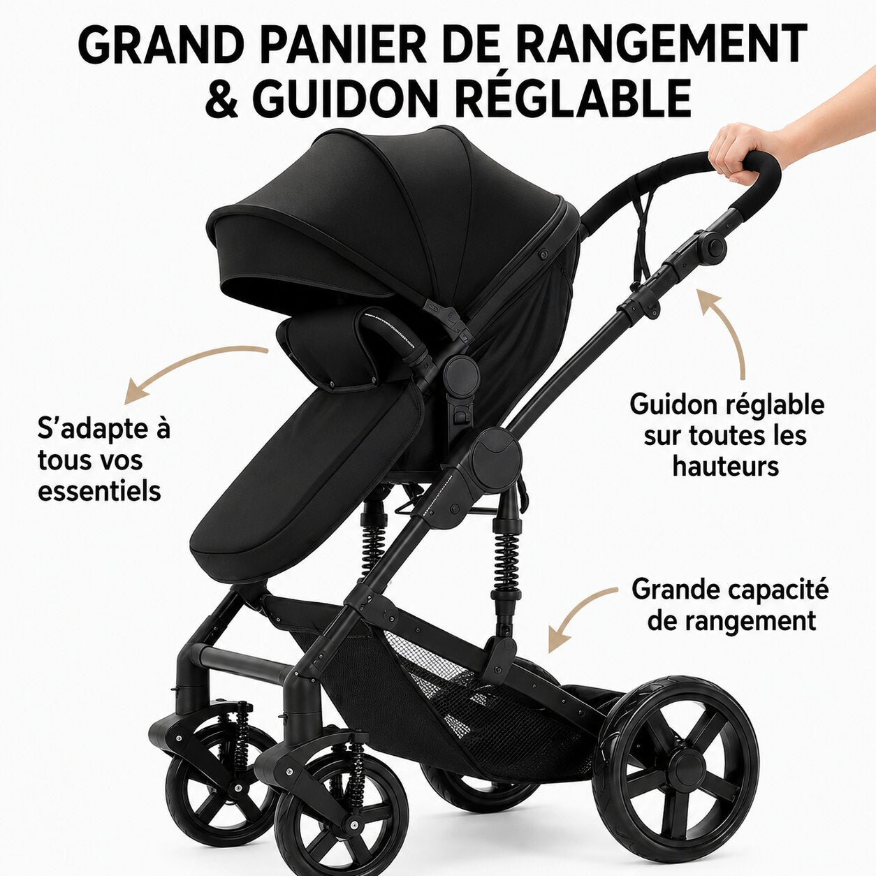 Poussette 3 en 1 Évolutive – Nacelle, Siège Réversible & Châssis Pliable