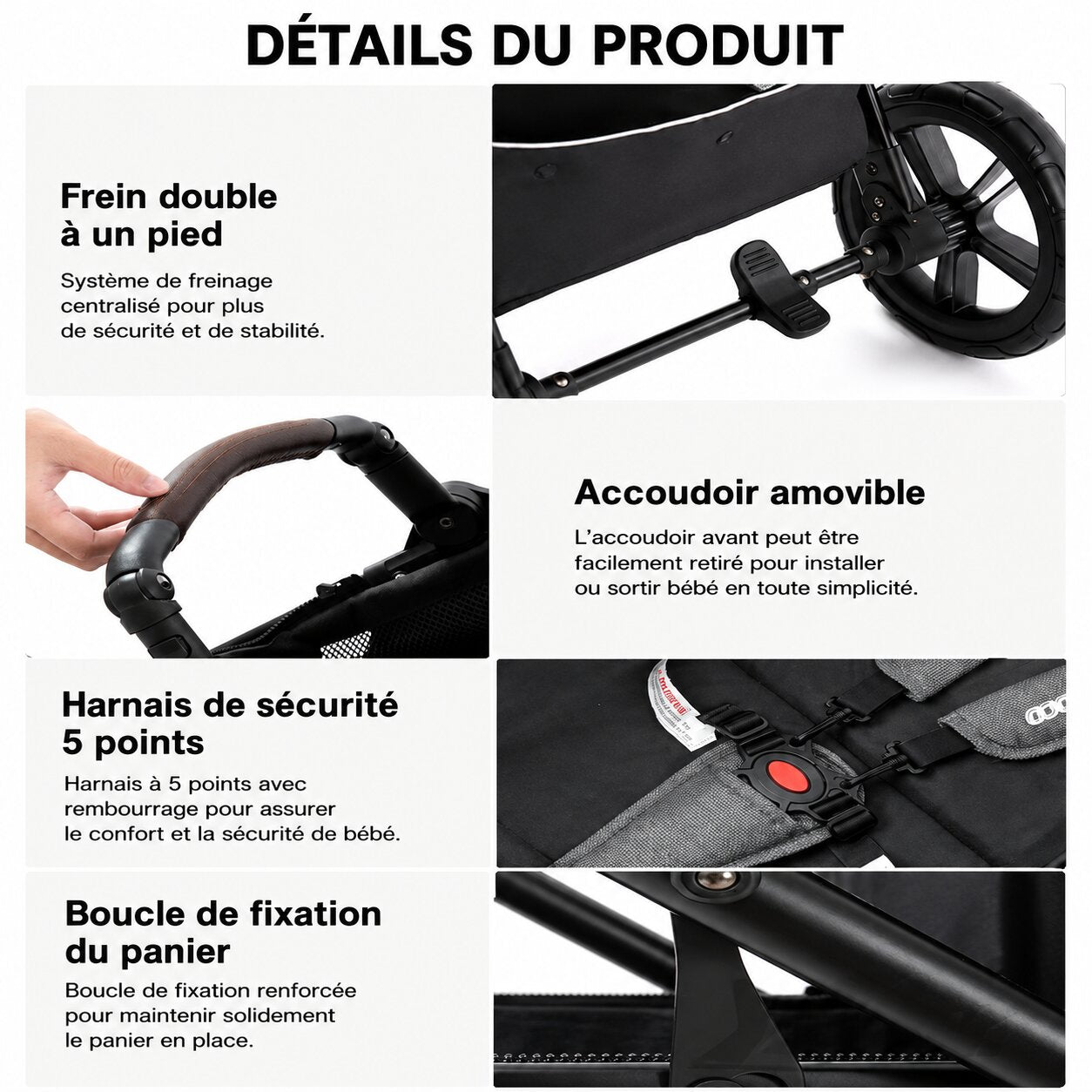 Infographie details produit - frein double a un pied, accoudoir amovible, harnais 5 points, boucle panier - Choupinoo