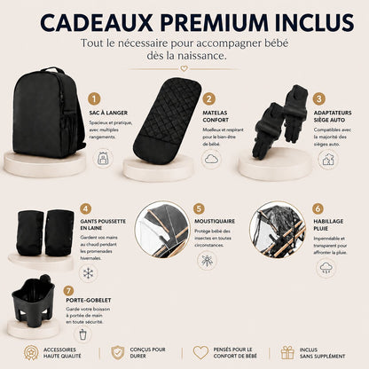 7 cadeaux premium inclus avec la poussette 3 en 1 : sac à langer, matelas, adaptateurs, gants, moustiquaire, habillage pluie, porte-gobelet - Choupinoo