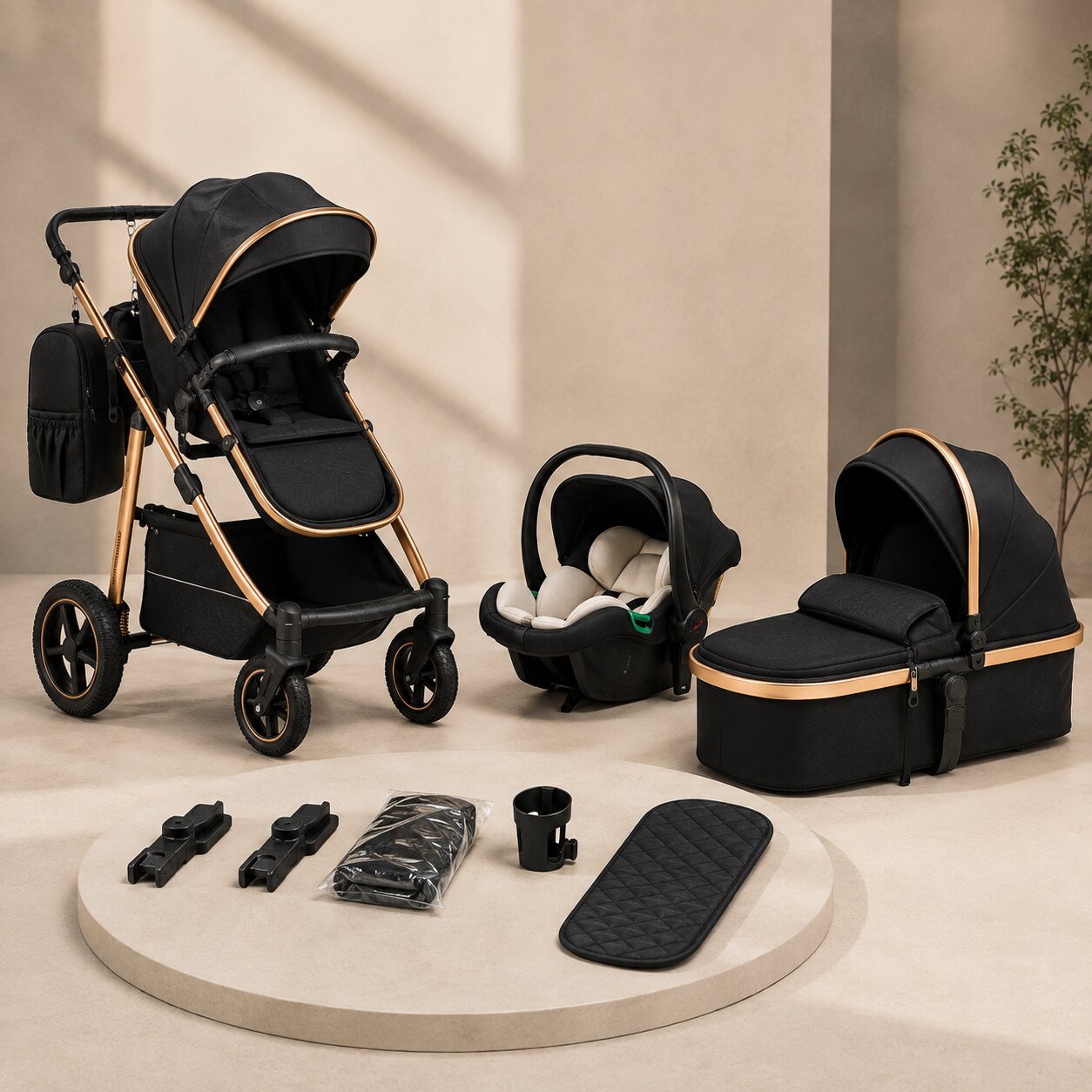 Pack complet poussette 3 en 1 noir or : châssis, nacelle, siège auto, adaptateurs et accessoires - Choupinoo