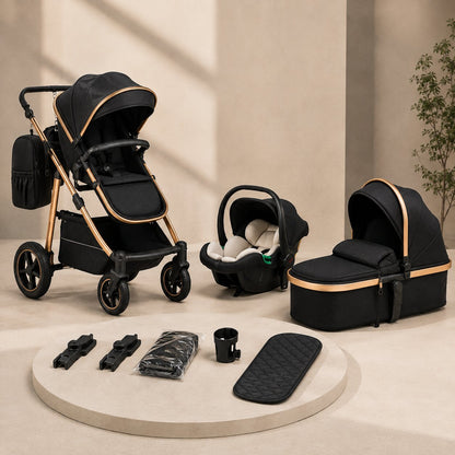 Pack complet poussette 3 en 1 noir or : châssis, nacelle, siège auto, adaptateurs et accessoires - Choupinoo