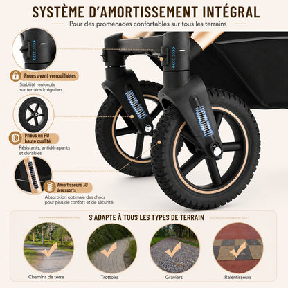 Système d'amortissement intégral poussette 3 en 1 : roues verrouillables, pneus PU et amortisseurs 3D à ressorts - Choupinoo