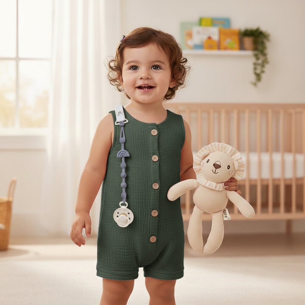 Combinaison bebe ete 100% coton unisexe sans manches vert kaki - Choupinoo