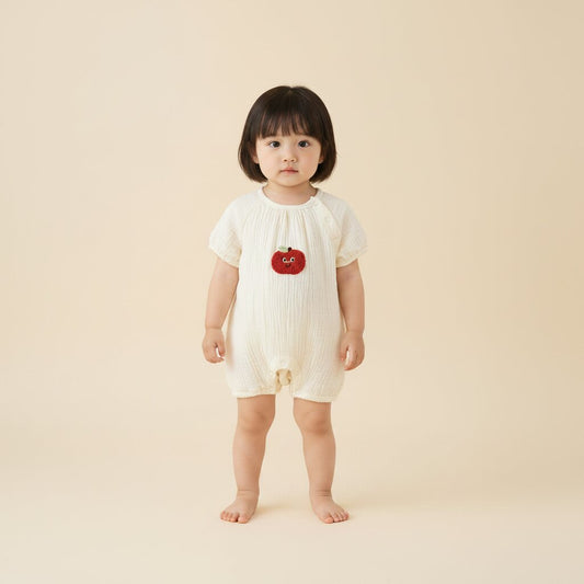 Combinaison bebe ete coton manches courtes ecru avec broderie pomme rouge - Choupinoo