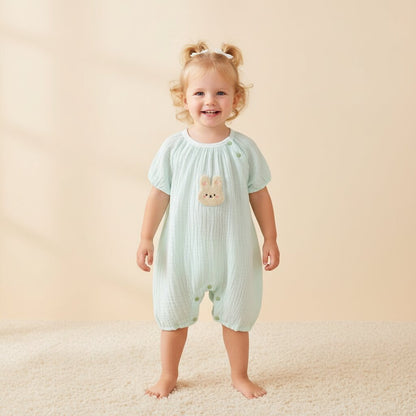 Combinaison bebe ete coton manches courtes menthe avec broderie lapin - Choupinoo