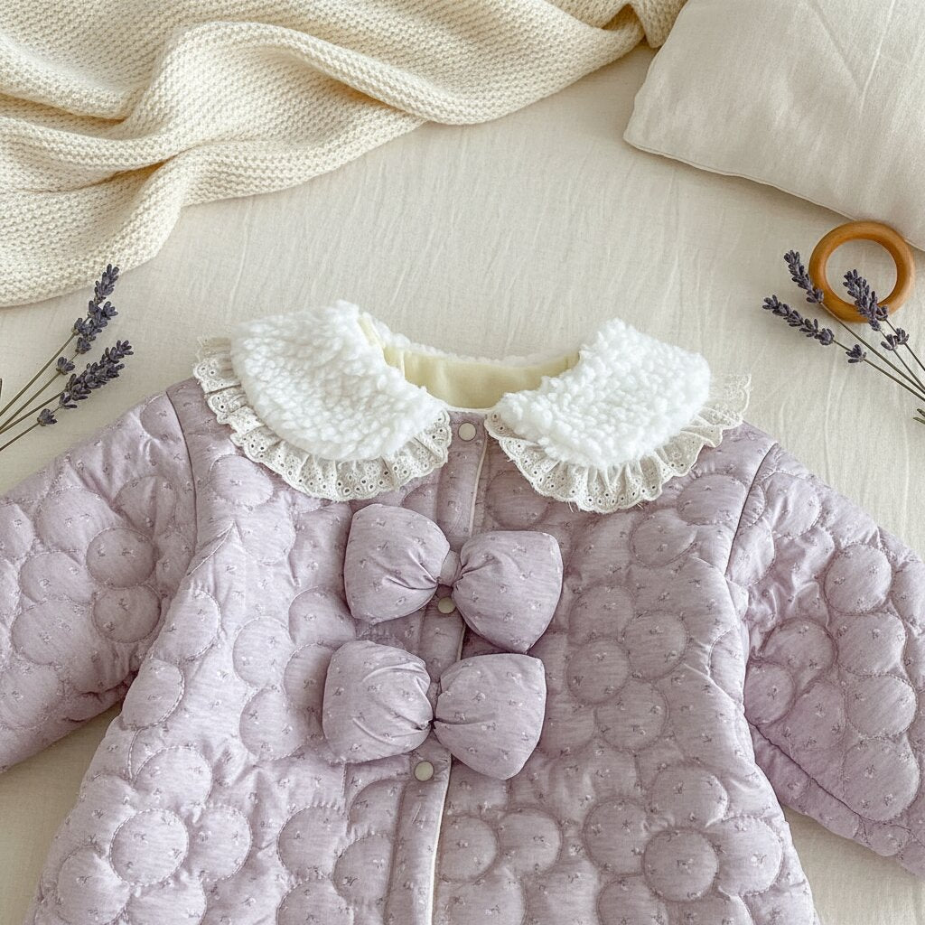 Détail col claudine dentelle et double nœud 3D combinaison bébé fille velours violet sur lit bébé premium – Choupinoo