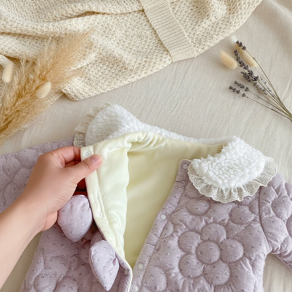 Détail doublure intérieure polaire crème combinaison bébé fille velours violet – Choupinoo