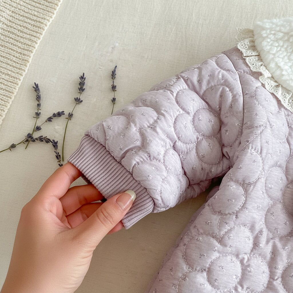 Détail manche manchette côtelée combinaison bébé fille velours violet sur lit bébé premium – Choupinoo