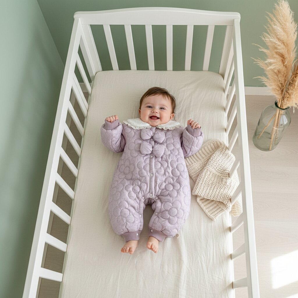 Bébé fille 6 mois corps entier portant la combinaison velours violet matelassé couchée dans son lit bébé premium – Choupinoo