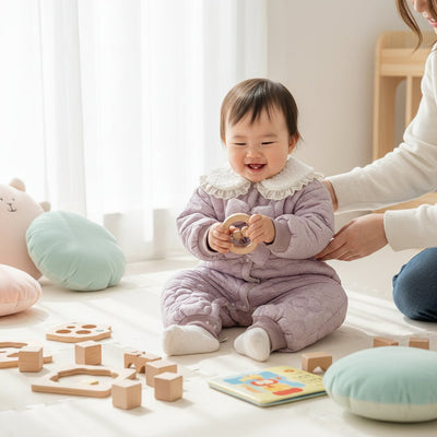 Bébé fille 6 mois portant la combinaison velours violet matelassé assise sur tapis d'éveil en crèche – Choupinoo