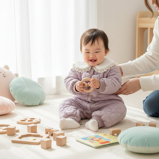 Bébé fille 6 mois portant la combinaison velours violet matelassé assise sur tapis d'éveil en crèche – Choupinoo