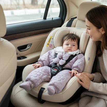 Bébé fille 6 mois portant la combinaison velours violet matelassé dans un siège auto en voiture – Choupinoo