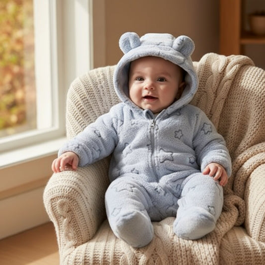 Bébé souriant en combinaison polaire bleue à oreilles d'ours assis dans un fauteuil en automne | Choupinoo
